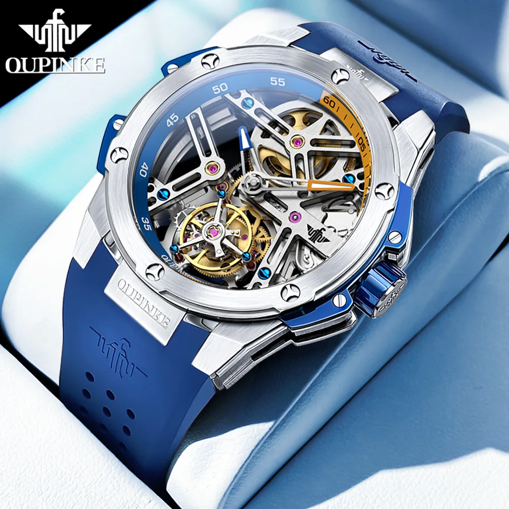 OUPINKE 8003 Mens Watch Original Luxury Brand Tourbillon Skeleton Automatic Movement Mechanical Watch Silicon Strap Men Gifts