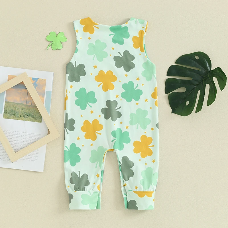 

Baby Boy St Patricks Day Sleeveless Clover Print Jumpsuit Button Romper Summer Clothes Patricks Day Outfits