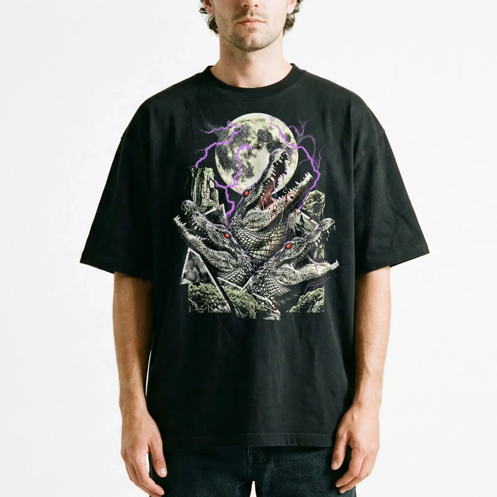 Zombie Alligator Full Moon Bones Horror Vintage T Shirt Undead Crocodile vintage Washed streetwear fashion homme Comfortable