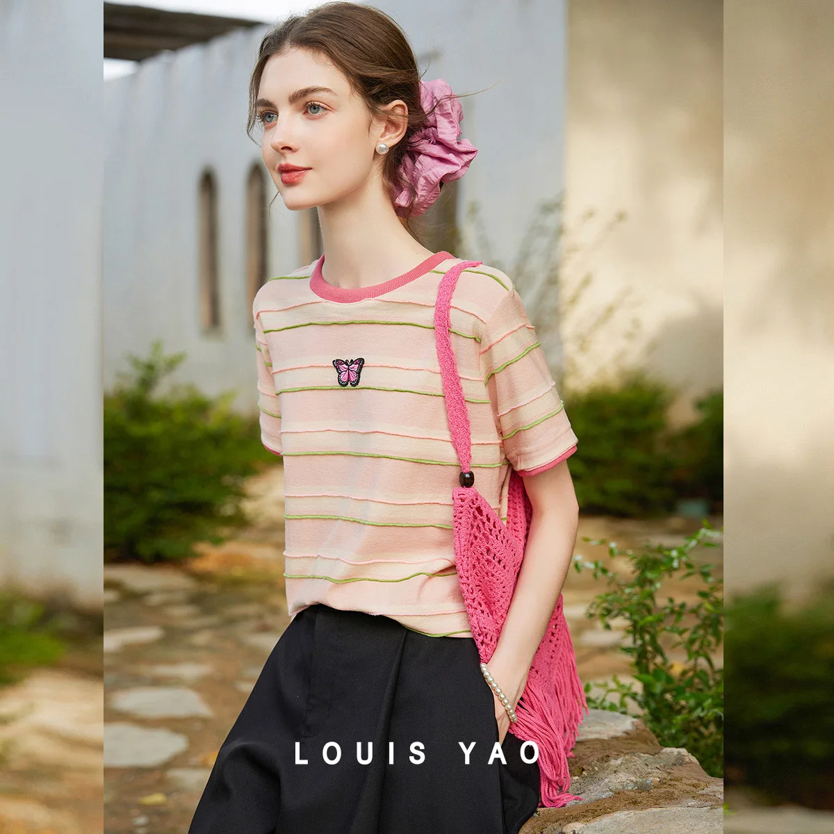 

LOUIS YAO Striped Contrasting Butterfly Short Sleeved Shirt 2025 Summer New Casual Micro Elastic Round Neck Women's T-shirt
