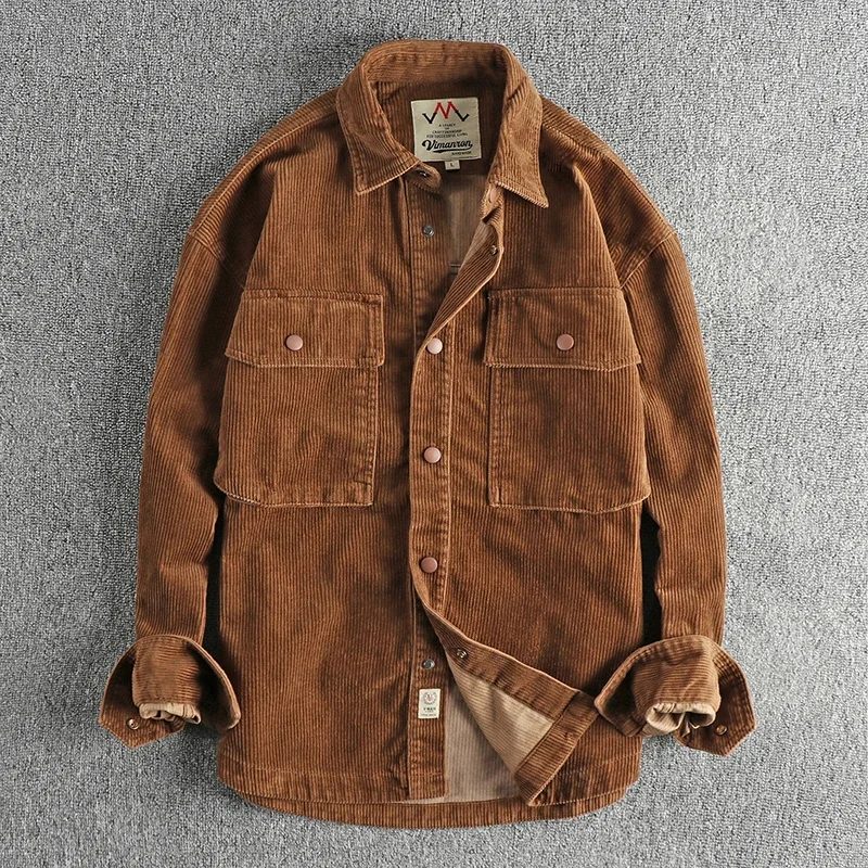 2024 New Woven Corduroy Men's Jacket Autumn-winter Pocket Heavy Weight Shirt Coat Retro Casual Loose Cargo Jacket