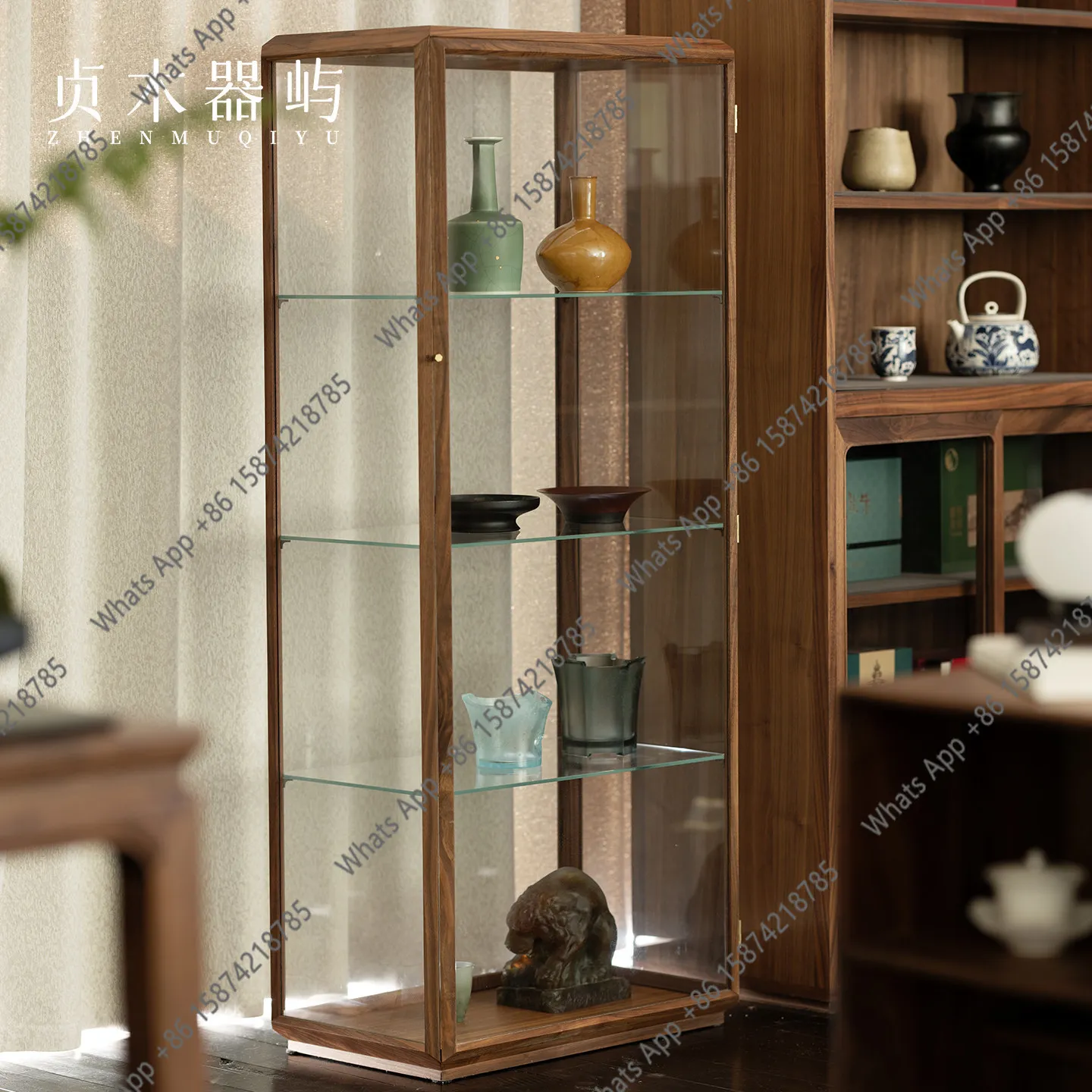 

Zhenmuqi Island Porcelain Display Cabinet North American Black Walnut Glass Figure Cabinet Tea Space Decoration Cabinet Study Sh