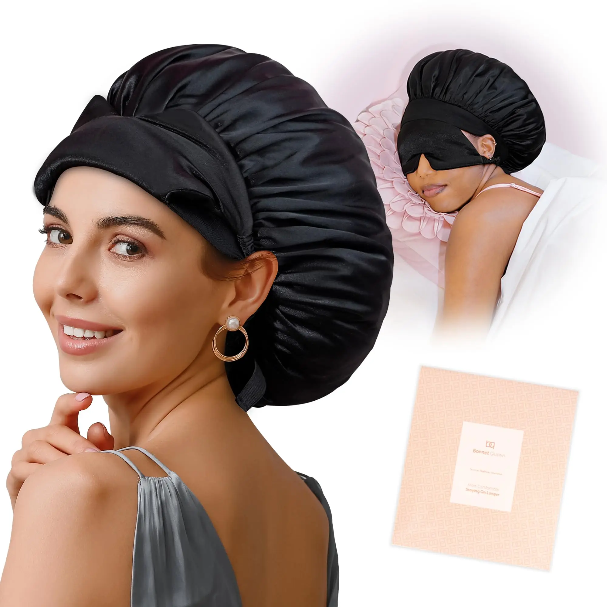 BONNET QUEEN Silk Bonnet for Sleeping Women Satin Non Slip Hair Curly Night Sleep Cap with Eye Mask