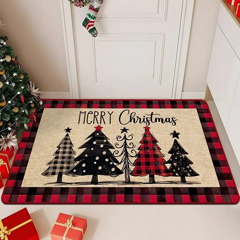 VIKAMA Buffalo Plaid Merry Christmas Doormat Snowflake Tree Gift Non Slip Floor Mat For Front Door Porch Xmas Home Decor