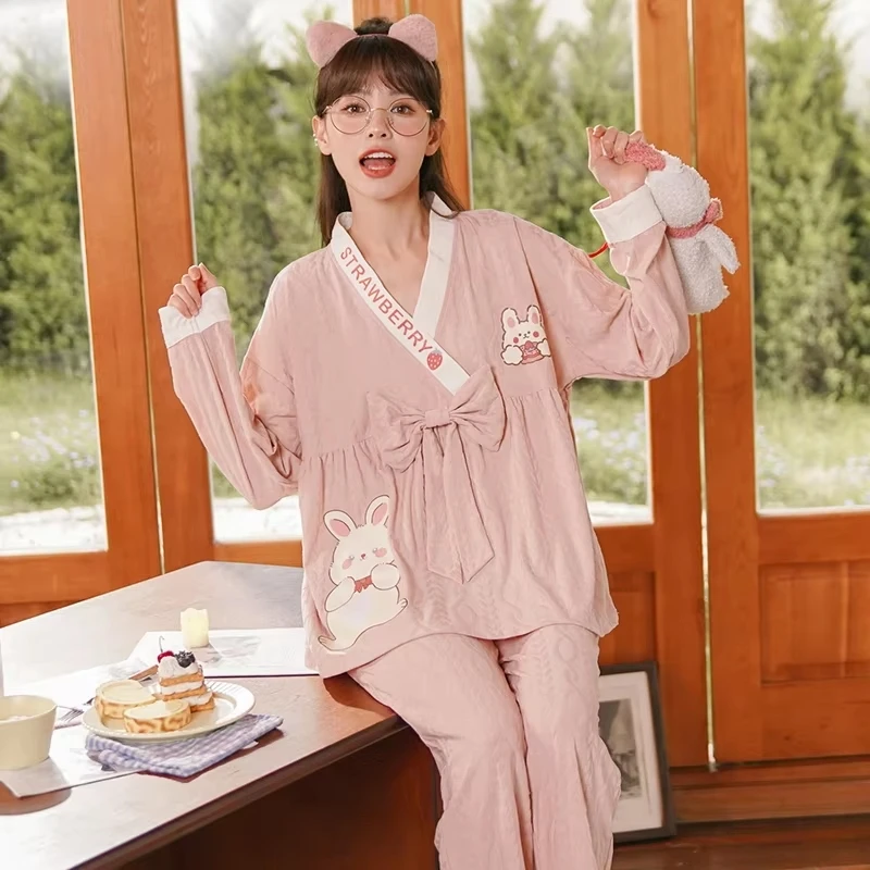 Cute Rabbit Pajamas Women Cute Kawaii Long Sleeves Long Pants Shawl Collar Autumn Winter Pyjamas Lady Sleepwear Girls Pijamas