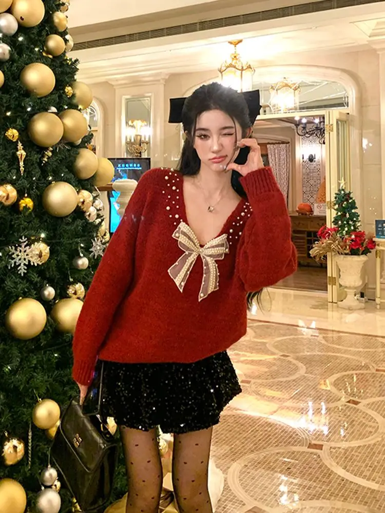 Sweater Natal Rajutan Pita Atasan Gaya Prancis Elegan Pakaian Musim Dingin