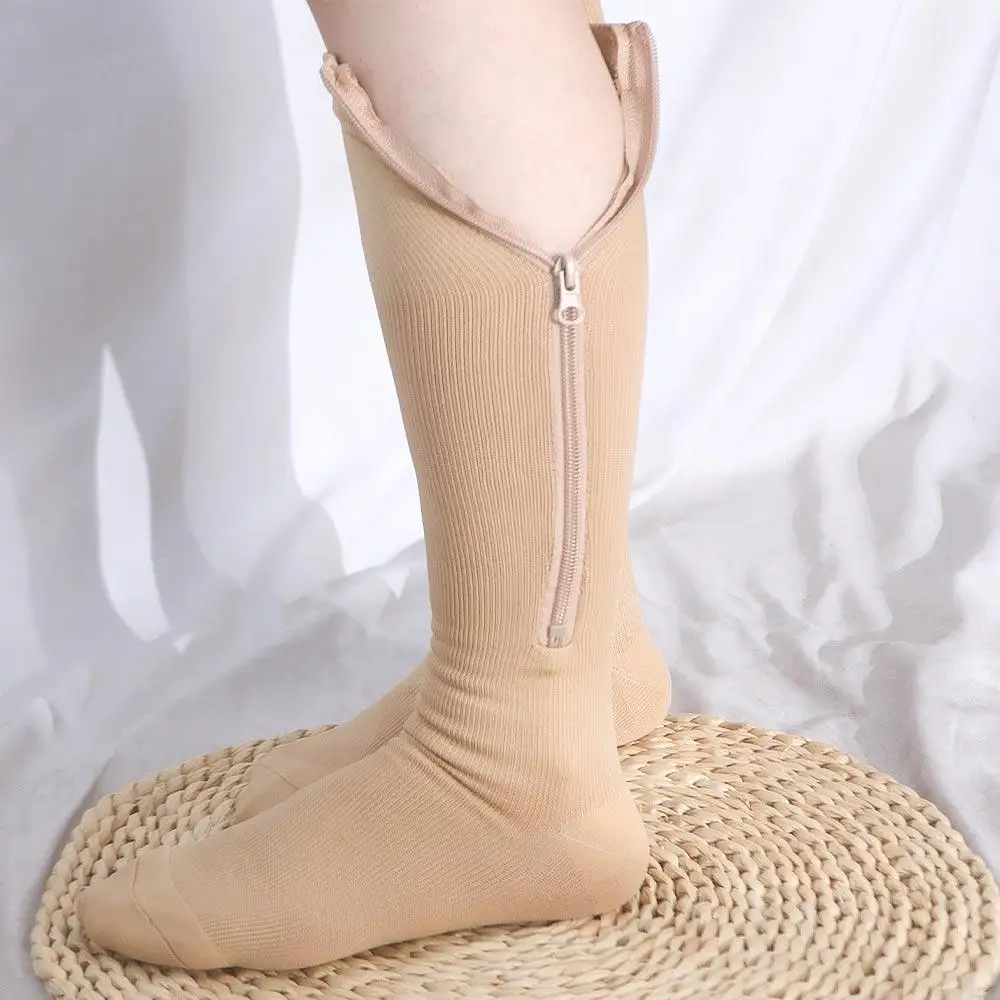 Nylon Compression Zipper Socks Colour of Skin Stockings Varicose Veins Socks Closed Toe Calf Stretch Socks