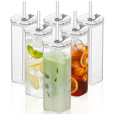 1/6 Sets Square Drinking Glass Cups with Lids & Straws, 12 Oz Clear Highball Glasses for Cocktail, Iced Coffee, Juice, Beer