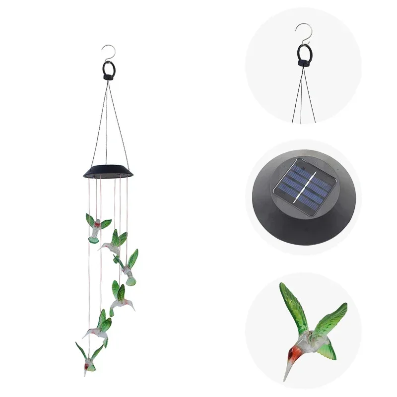 Lampade solari a sospensione creative Colibrì Farfalla Carillon di vento Luce LED solare impermeabile IP65 Luce decorativa Cortile da giardino