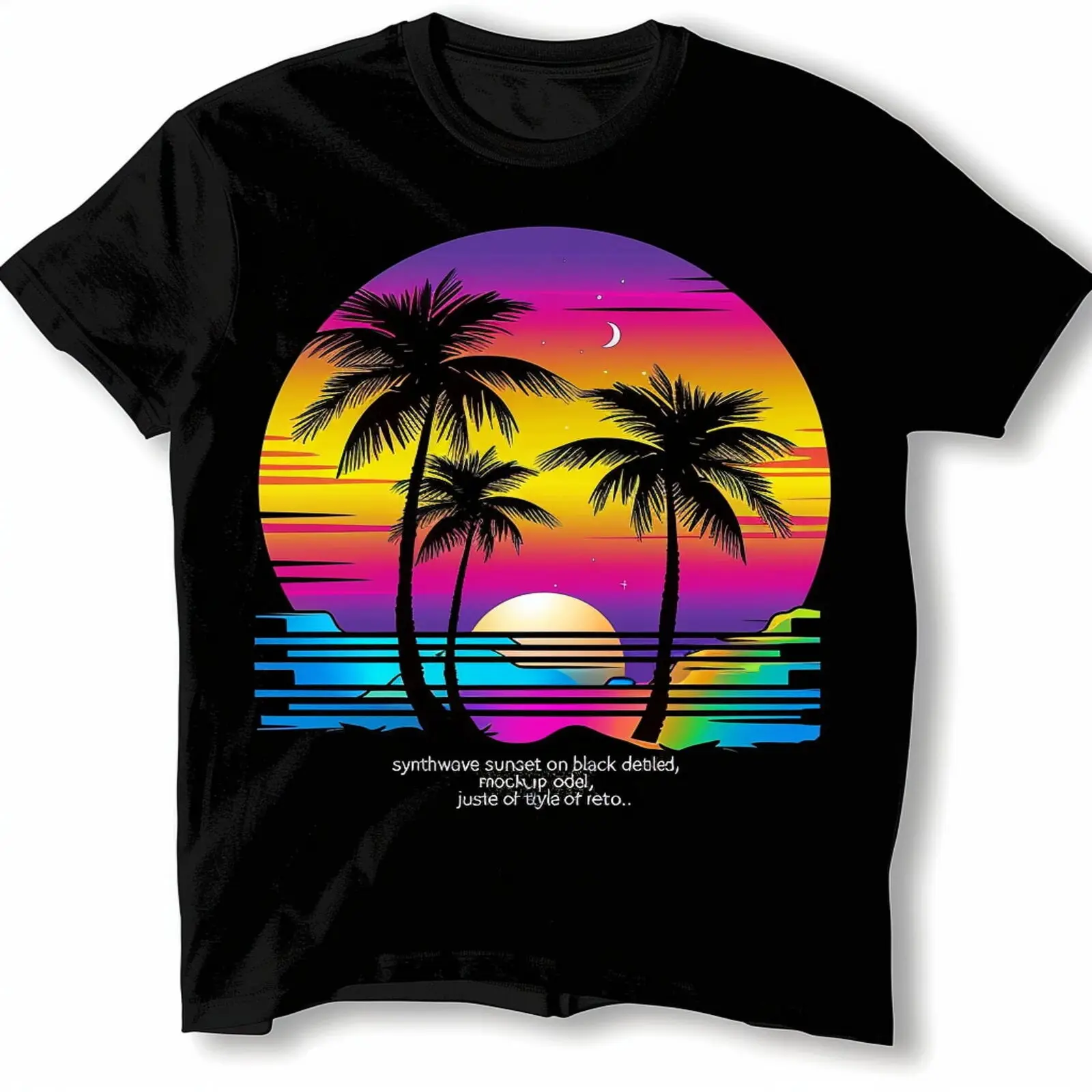 

Synthwave Sunset: Retro Palm Trees & Rainbow Colors Black Tee