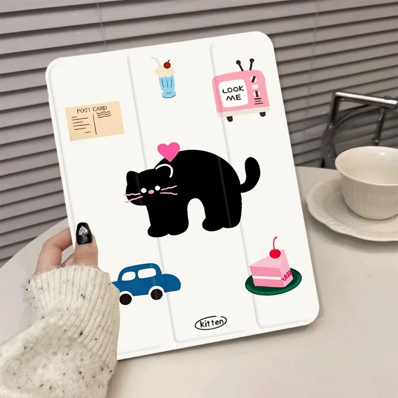 Black Kitten 360° Rotation Shell Accessories for Ipad Case9th Generation Ipad Pro 11 Inch Case 2024 IPad 5th Generation 9.7 Inch