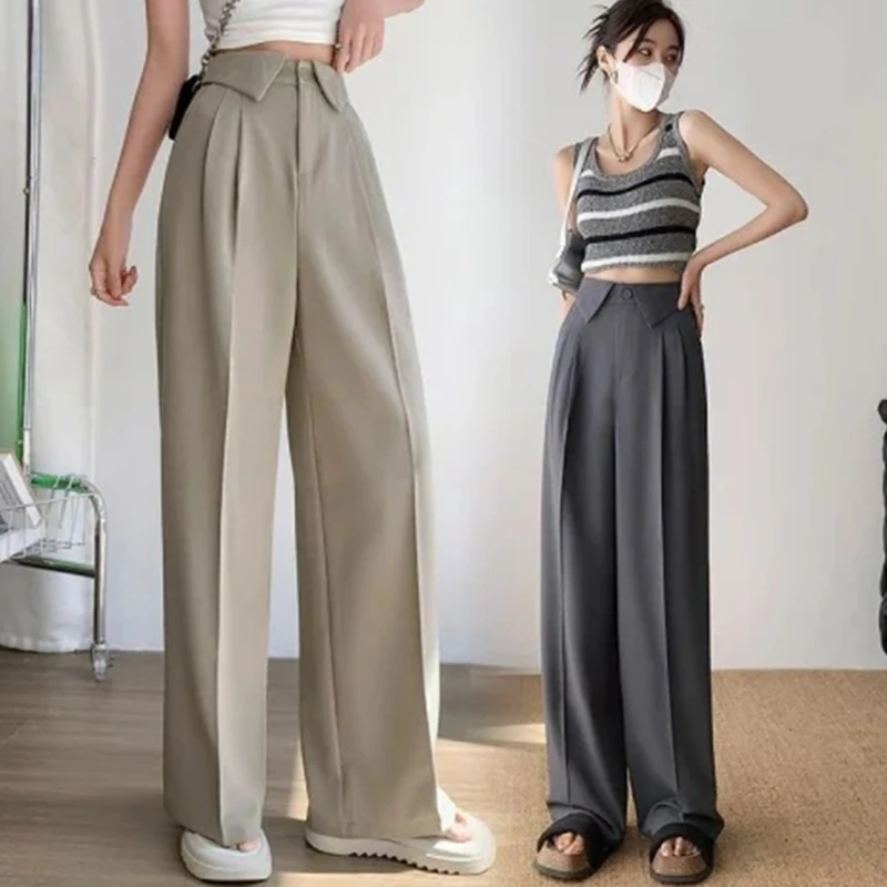 

Women's Half Elastic Waist Straight Leg Trousers Office Dress Pants Summer Palazzo Pants Casual Loose Wide Leg Pants 066C