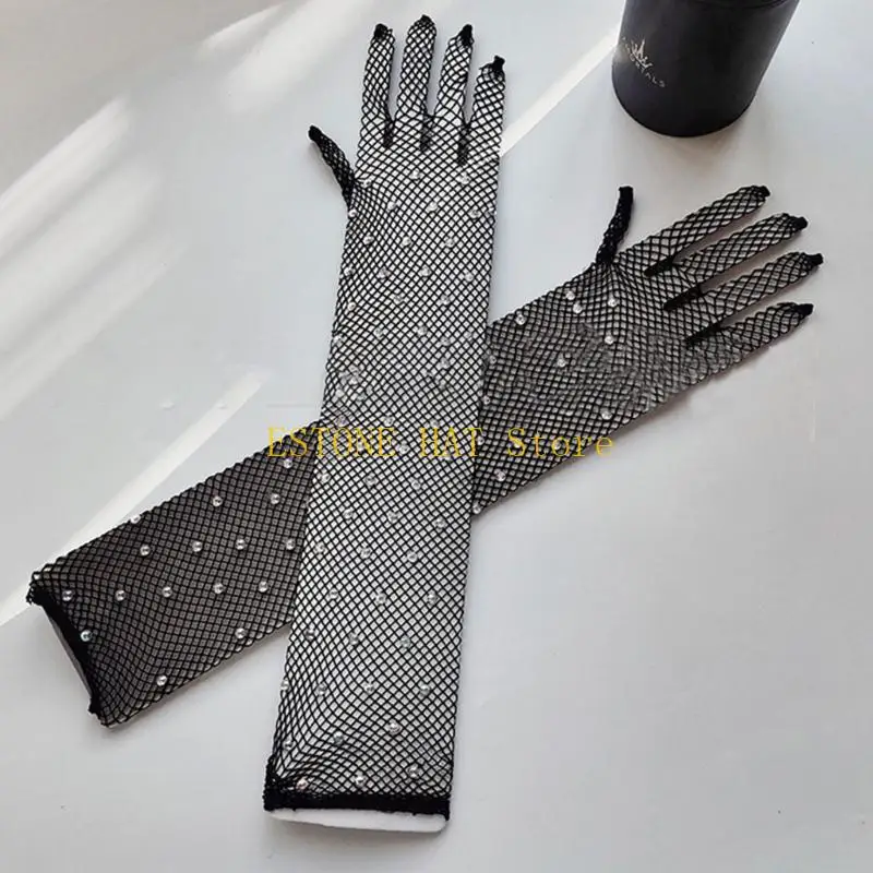 49MF 1 Pair Fashion Sexy Rhinestones Arm Sleeves Full Finger Gloves for Nightclub