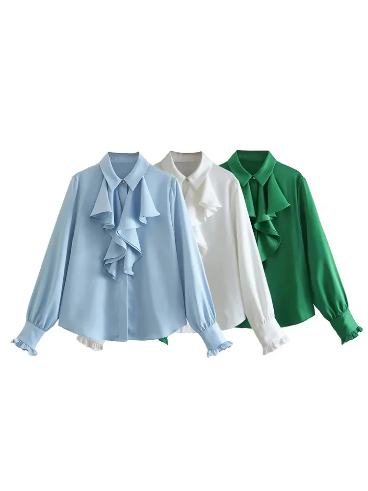 Foridol Ruffles Folds Light Blue Office Lady Satin Shirt Blouse Long Sleeve Spring Fashion Solid Button Up Blusa Autumn 2024