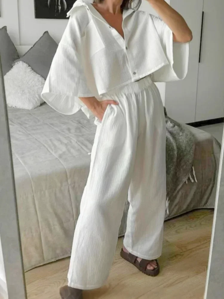 

White Wide Leg Pants Set 2025 Summer Loose Shirt Office Trousers Casual Single-breasted Top Fashion Women Daily Holiday Outfits