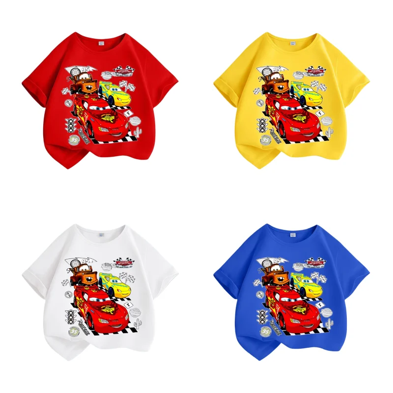 Disney Lightning McQueen animation peripheral cartoon cute children's round neck short-sleeved T-shirt creative kawaii loose top