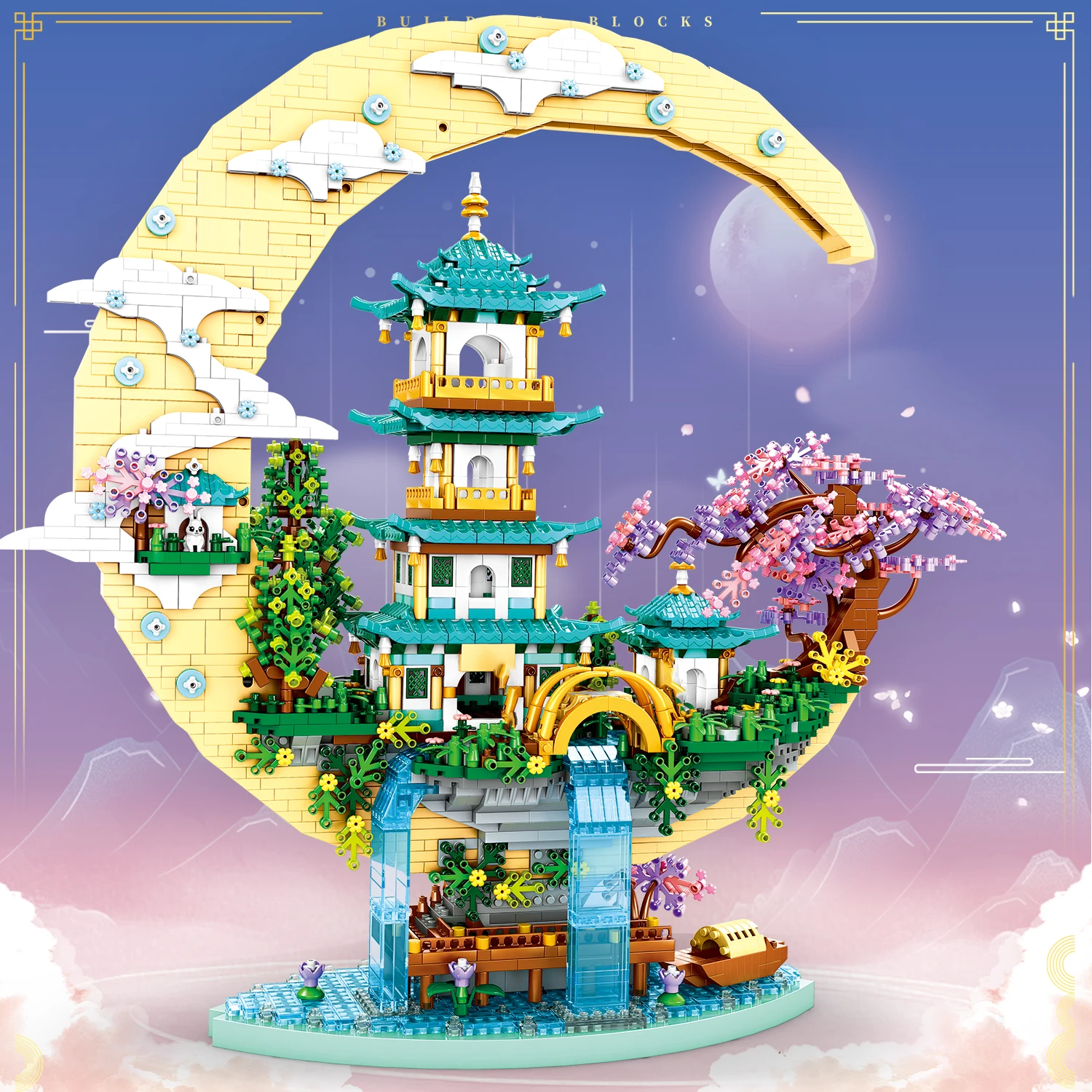 Blocs de construction créatifs du palais de la lune, briques, légende légère, cascade, étang, château, maison d'arbre, vue sur la ville, modèle de jouets pour enfants et adultes