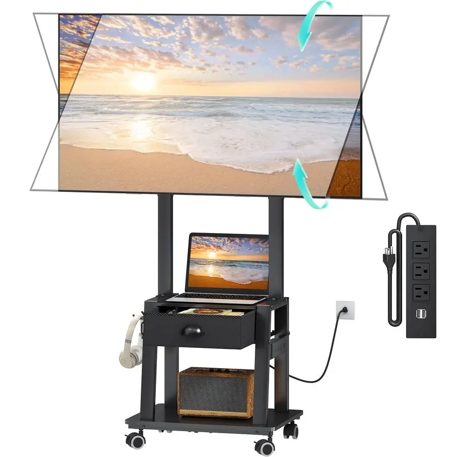 

Мобильная подставка для телевизора с розеткой, наклонная тележка для телевизора с выдвижным ящиком для плоских и изогнутых экранов до 2360 дюймов, до 50 фунтов, регулируемая высота