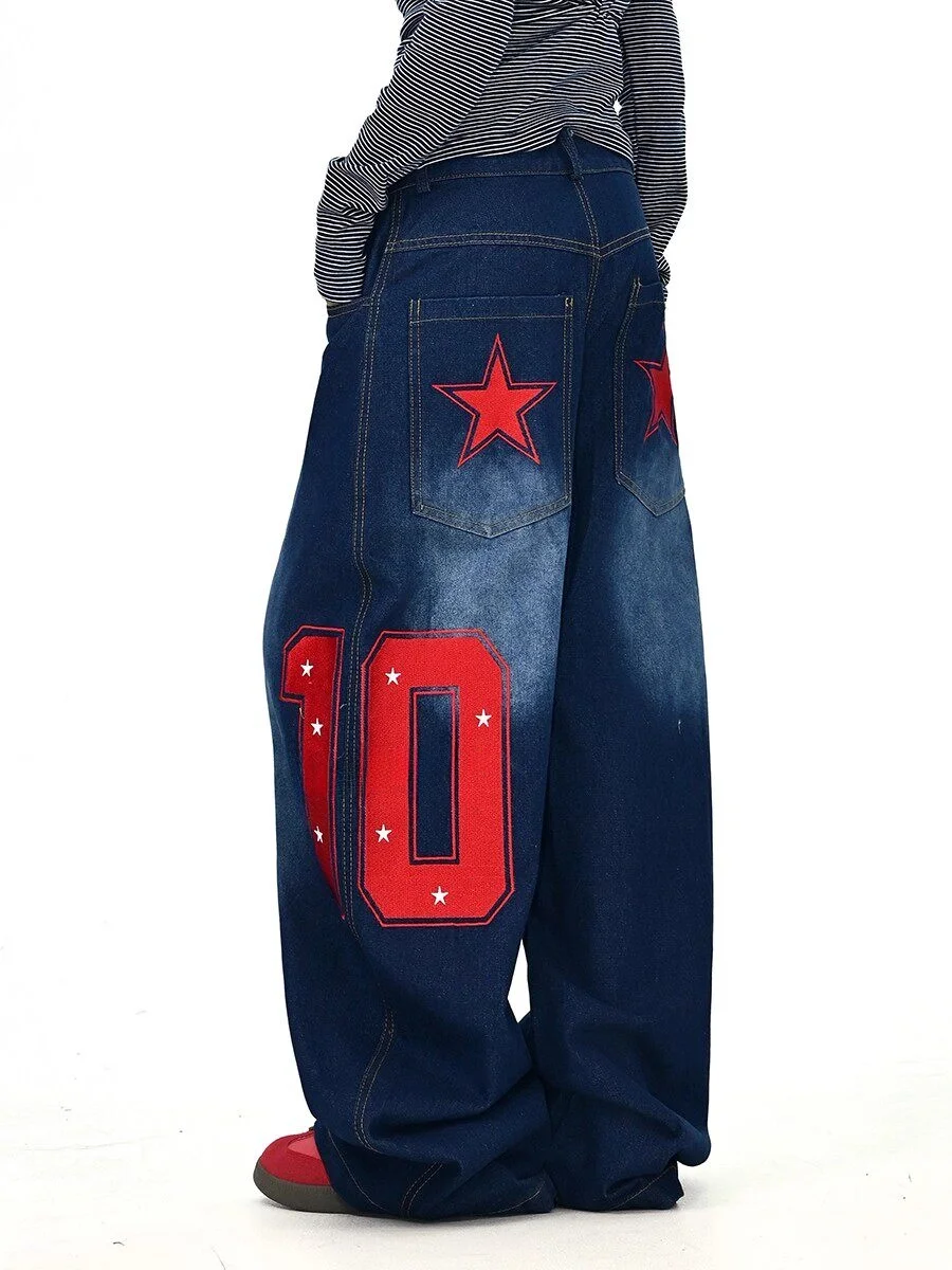 

Washed Denim Jeans Women's Loose Wide Leg Pants Star Letter Print Spring Autumn Summer Casual Street Style Korean Fashion