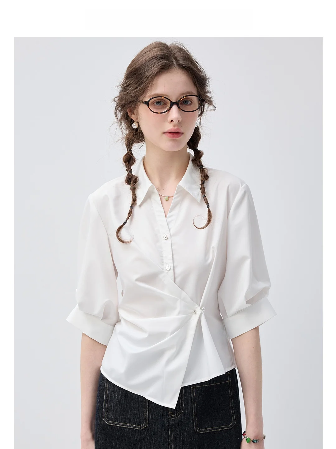 

Cloud White Unregular Knot Breathable Women's Shirt VEGA CHANG Korean Style Commute Wind Clean Straight Cut Blouse