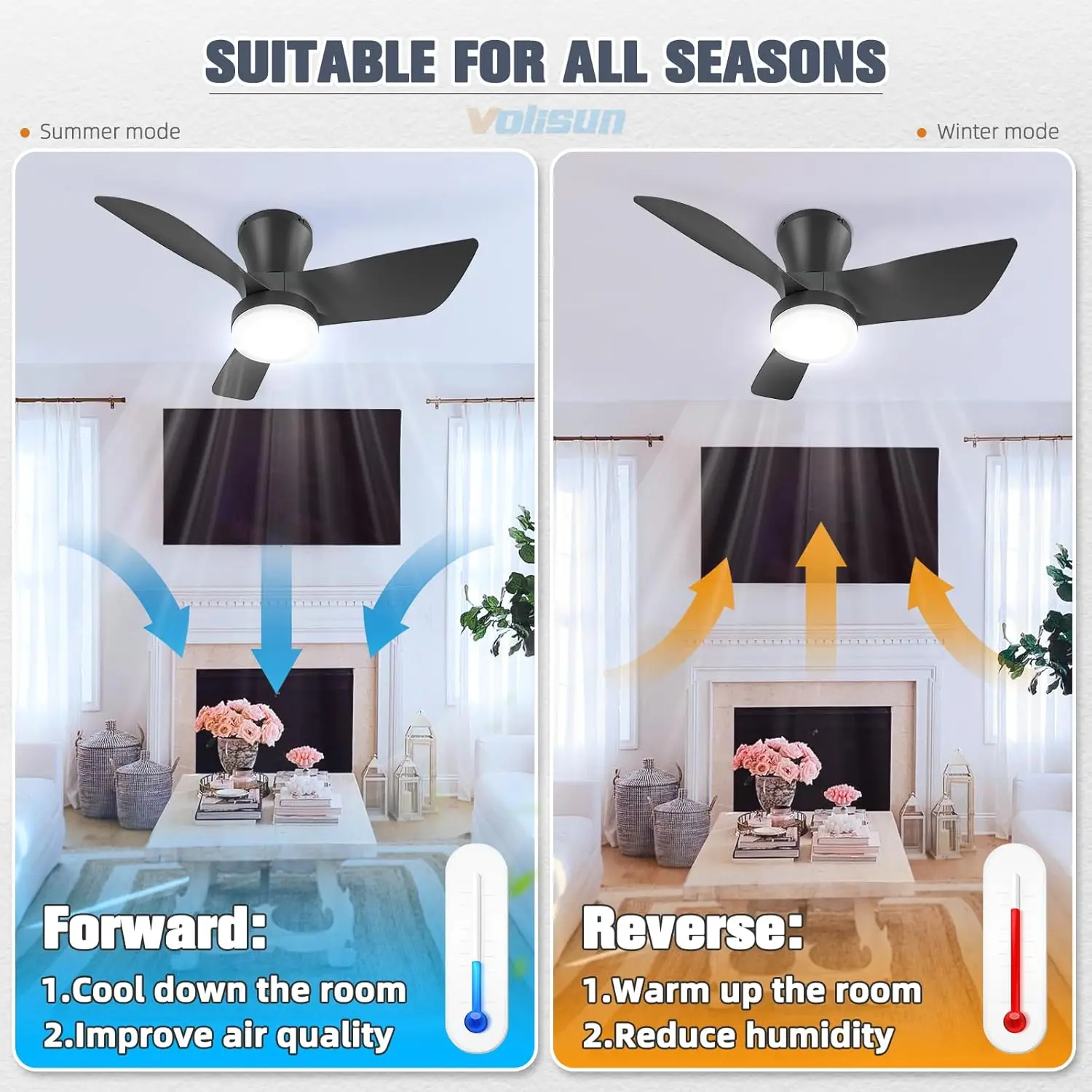 Volisun-Pequenos ventiladores de teto reguláveis com luzes, baixo perfil, montagem nivelada, leve e remoto, 3Cct, 30in