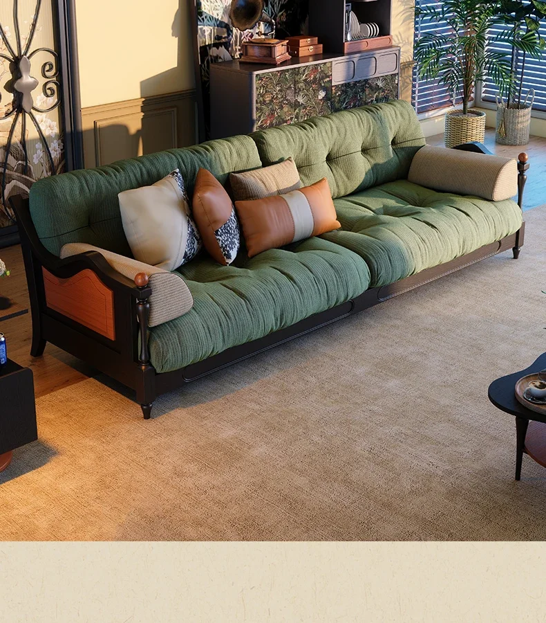 

French retro style small apartment living room corduroy solid wood three-person straight row sofa