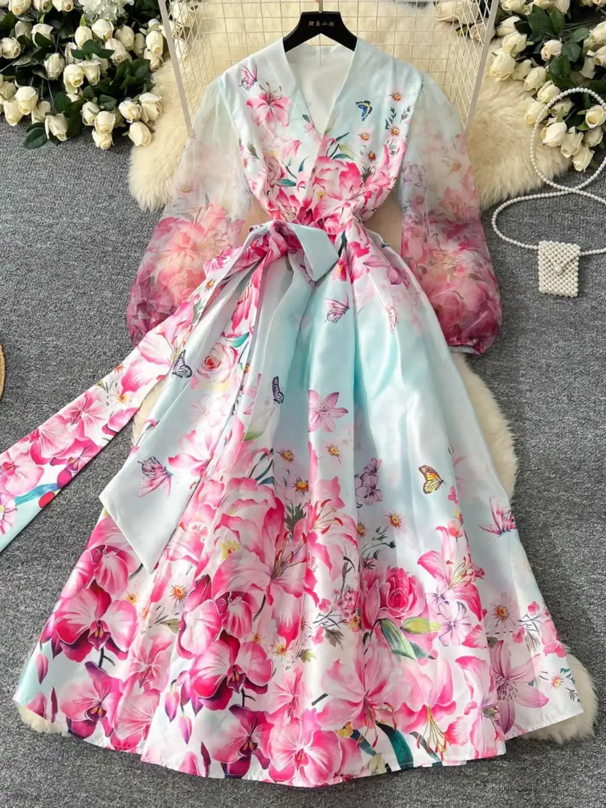 

Women's Floral Jacquard Evening Dress with Long Sleeves, Lace Belt, and Pockets for Prom