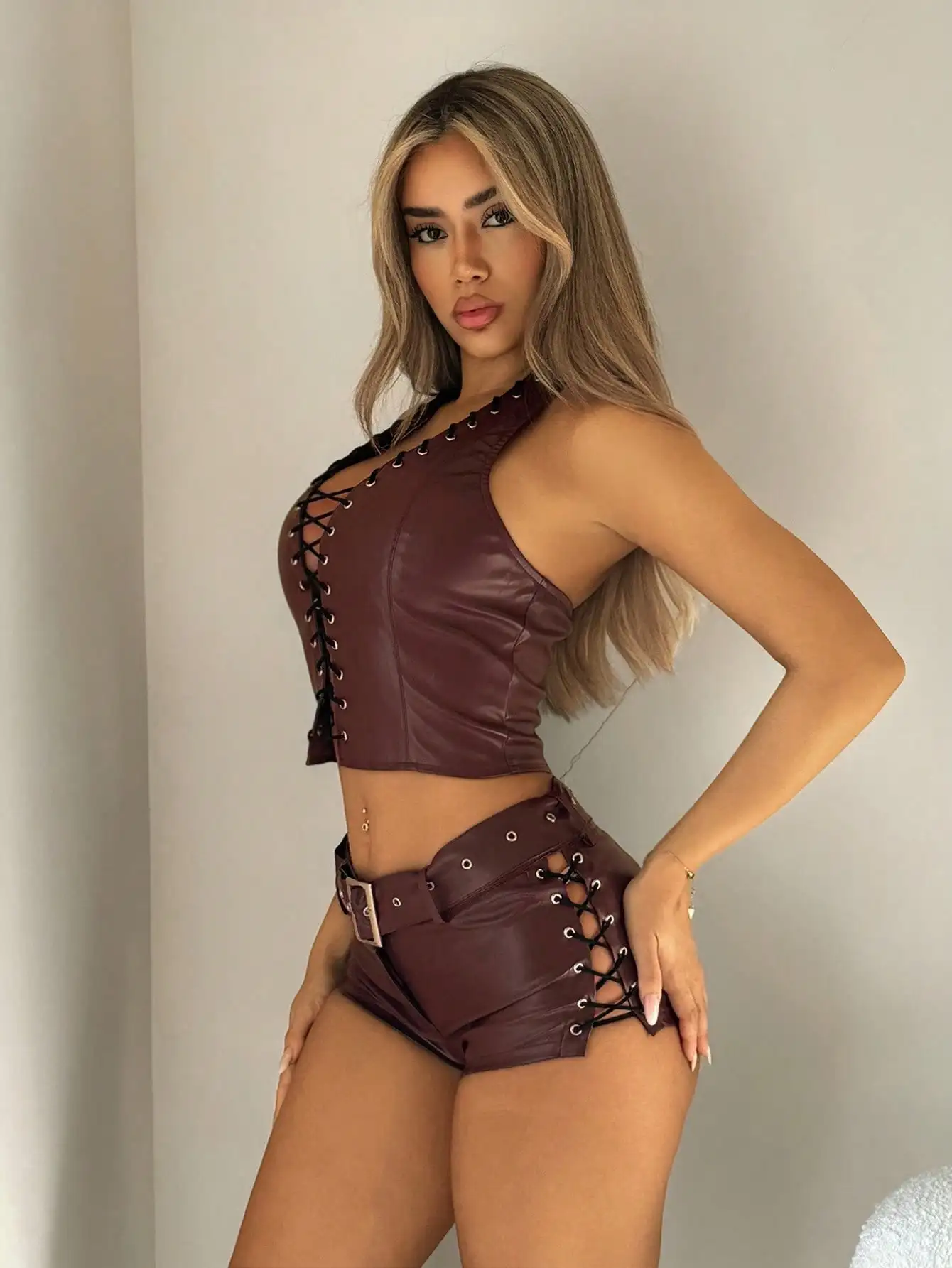 Burgundy Faux Leather 2-Piece Set: Halter Crop Top with Lace-Up Detail & High-Waisted Shorts