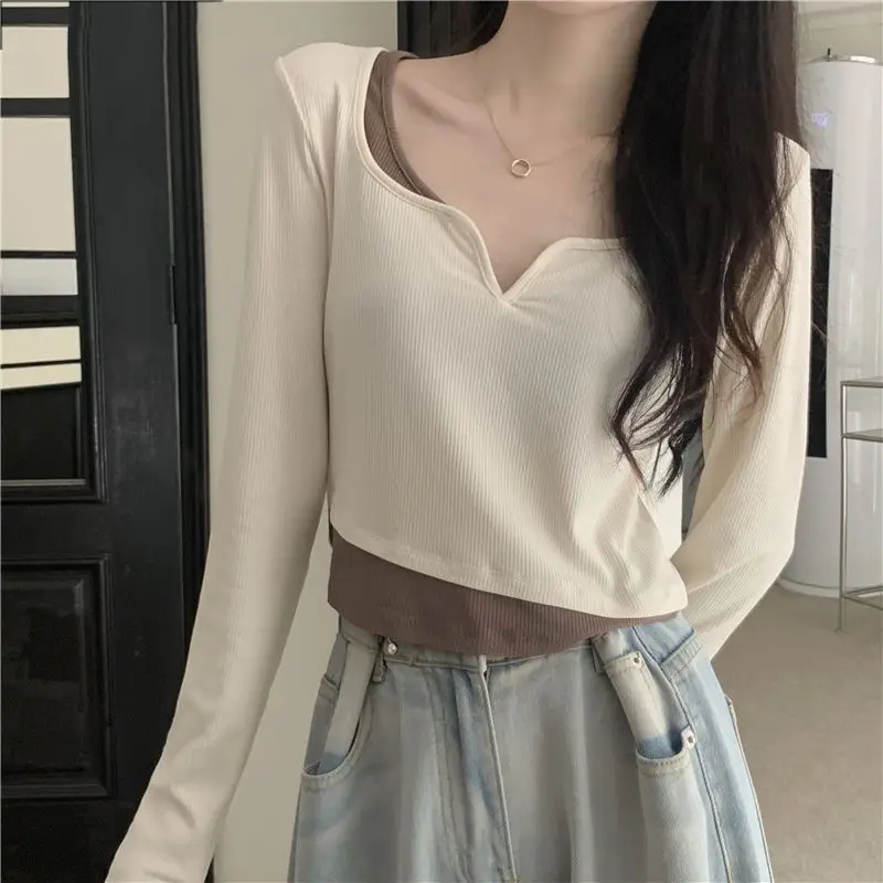 Autumn Winter Long Sleeve T-shirt Tops Women Slim Short Fake Two Pieces Inner Bottom Shirt Soft Simple Peplum