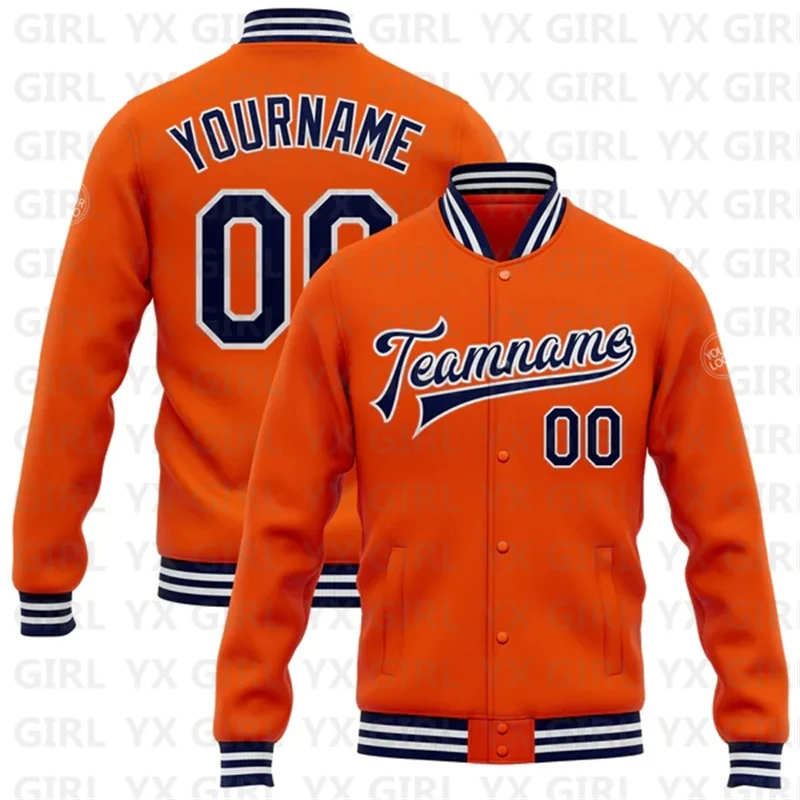 Custom Orange Navy-White Bomber Full-Snap Varsity Letterman Jacket 3D Printed Baseball Button Jacket