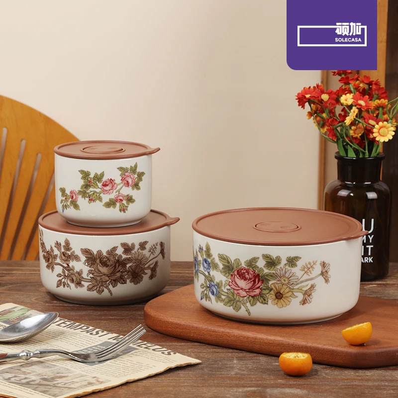 

SOLECASA Элегантный керамический ланч-бокс с розовым узором, герметичный контейнер Bento для работы, пикника и хранения свежих продуктов