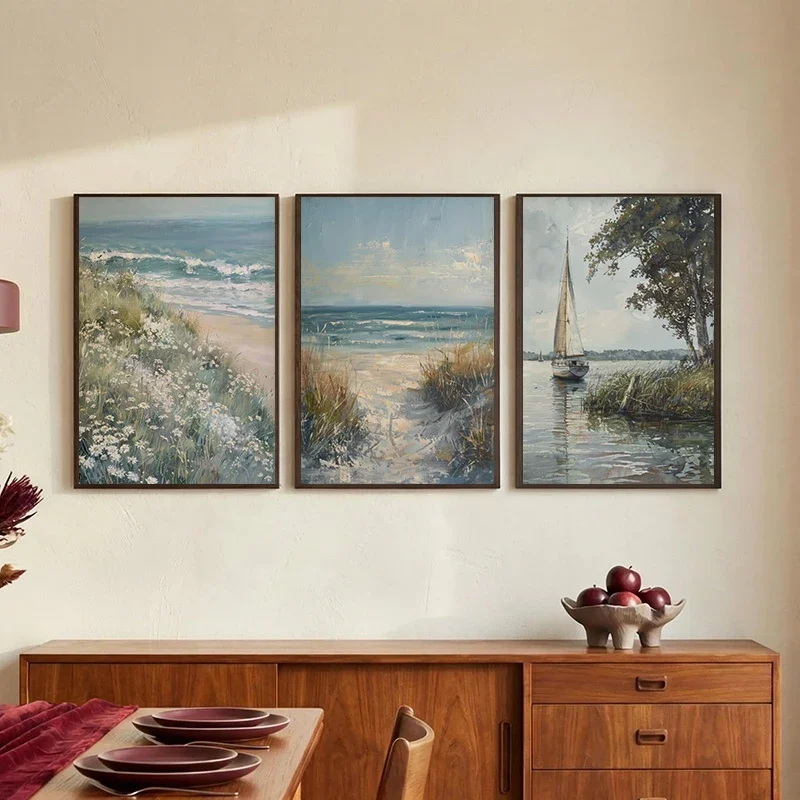 Multiple sizes 1pc frameless Canvas Painting,White Hydrangeas Sailboat Neutral Beach Landscape Blue Heron Poster Canvas Painting