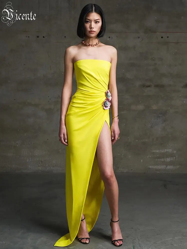 VC Gala Modern Elegance Bright Yellow Strapless Backless Gown with High-Slit & Floral Details for Formal Gala Evening Dress
