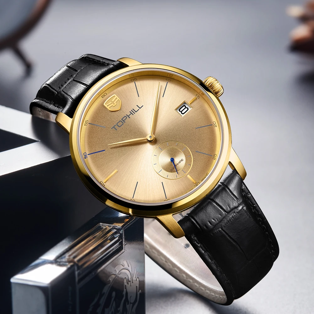 

TOPHILL Men's Watch Wisdom Quartz Movement 316L Stainless Steel Case Sub-Seconds Sapphire Crystal Leather Strap 5ATM Waterproof
