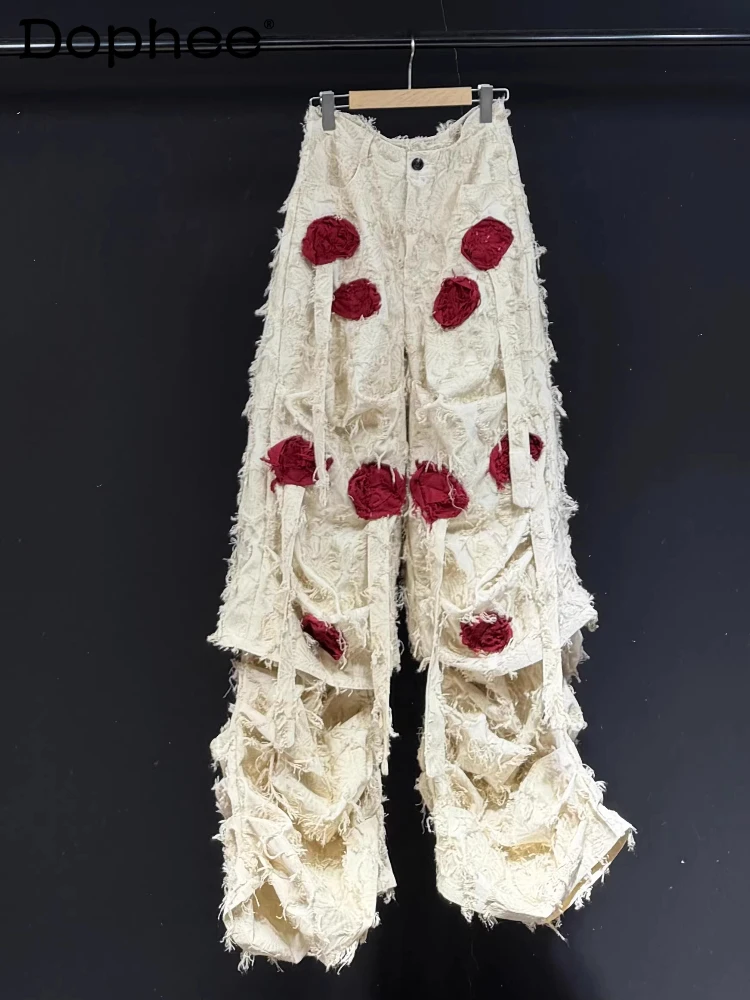 

2025 New Fashion Versatile Long Pants Couples Floral Decoration Loose Comfort Chic Trousers Color Matching Delicate Unique Pants