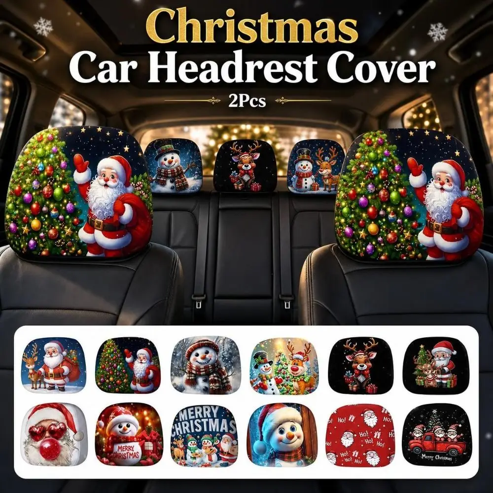 2pcs Universal Christmas Car Headrest Cover Cartoon Snowman Santa Print Car Pillowcase Funny Stain-Proof 5