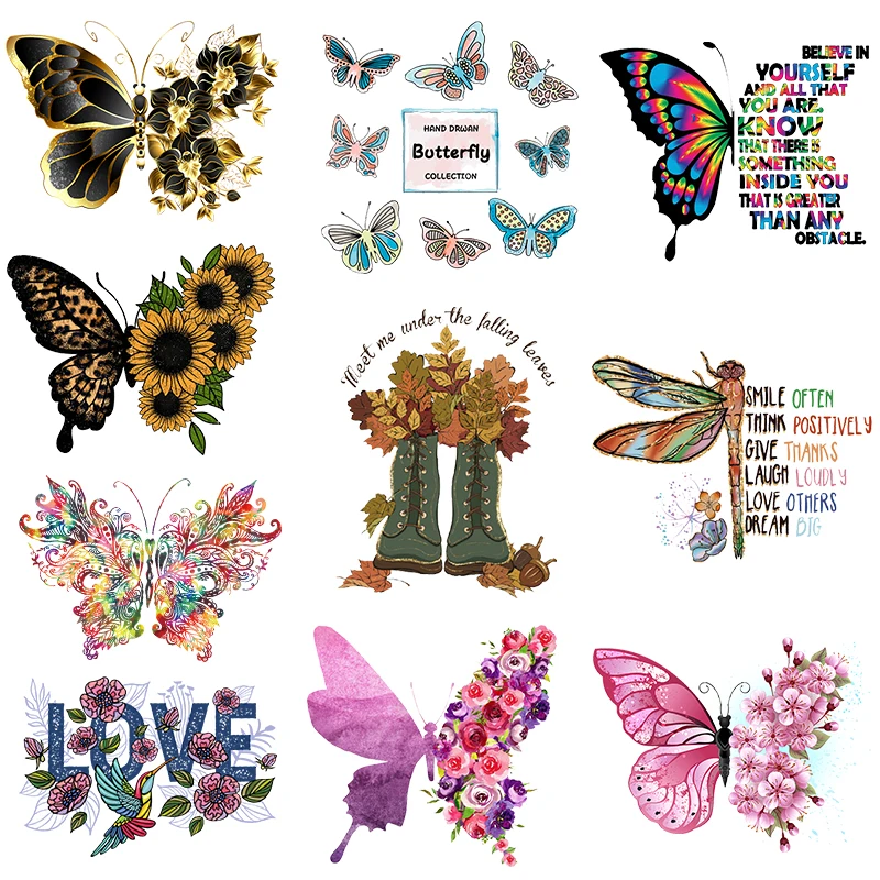 Flowers Patch Iron On Transfer For Clothing Butterfly Thermal Transfer For Clothes Applique Thermo Sticker On Clothes Stickers