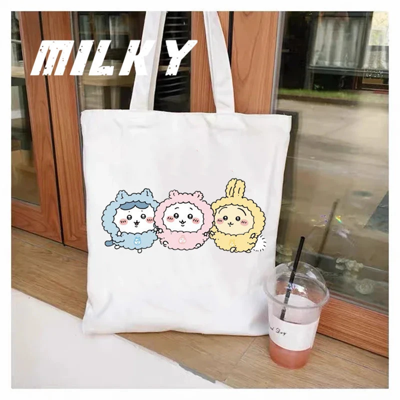 MINISO Kawaii Chiikawa حمل حقيبة قابلة للطي سعة كبيرة أكياس التسوق الجمالية موضة قماش قابلة لإعادة الاستخدام حقيبة كتف قماش هدية