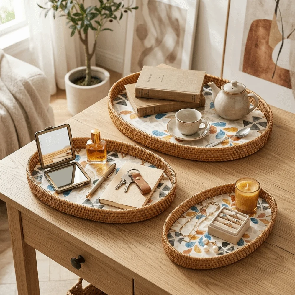 3Pcs Plant Fiber Serving Tray Flat Tray Woven Texture Decorative Snack Tray Sturdy Breathable Structure Storage Tray