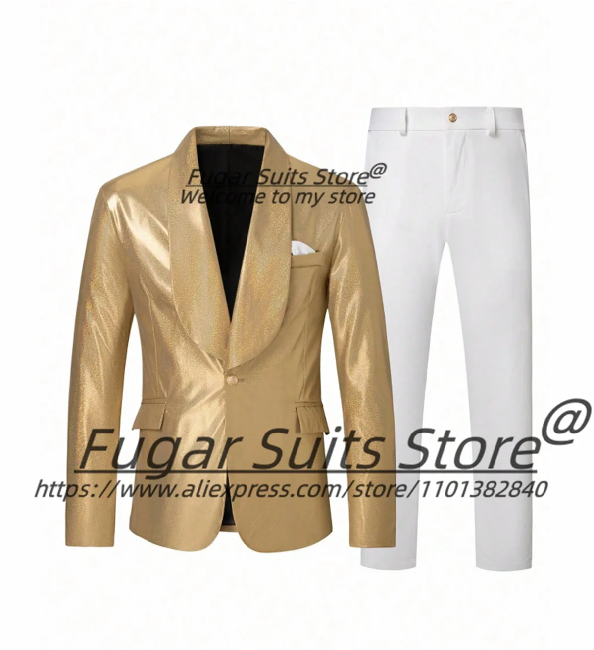 لامعة الذهبي بدل زفاف للرجال مخصصة سليم شال التلبيب العريس حفلة البدلات الرسمية الذكور بليزرات 2 قطعة Stes Ropa Hombre