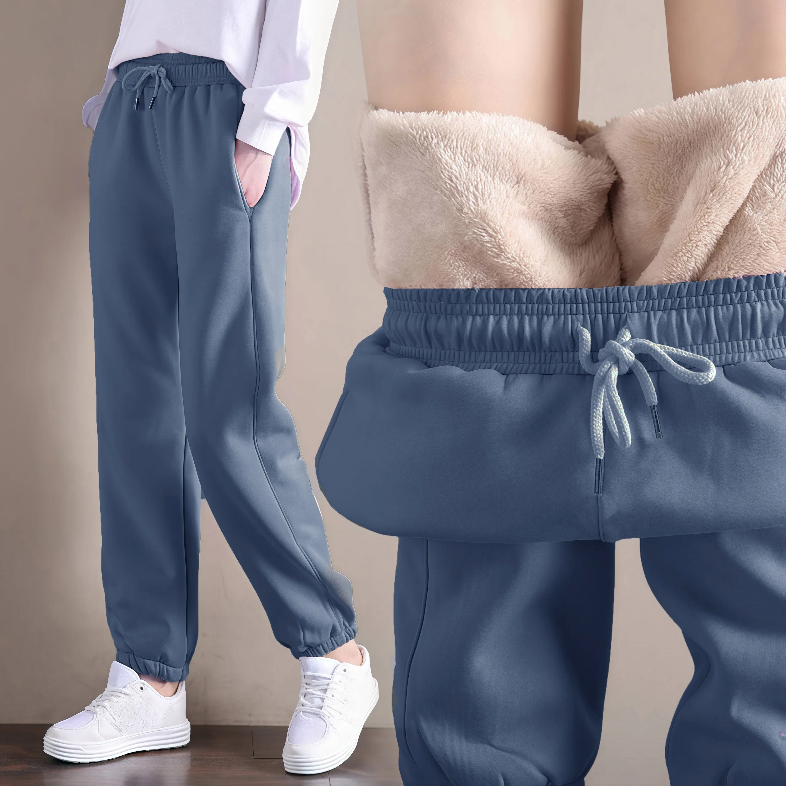 Solid Color Warm Velvet Pocket Strap Long Pants For Women Spring Autumn Daily Vacation Casual Trousers Female Clothing