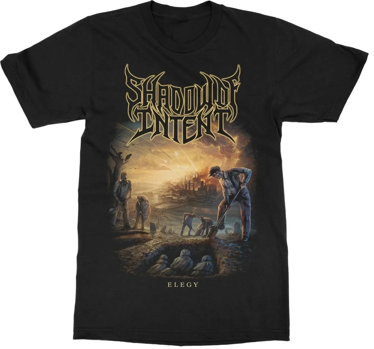 Shadow of Intent Elegy Album Cover Graphic Print T‑Shirt, Features Golden Outlined Band Logo on Top