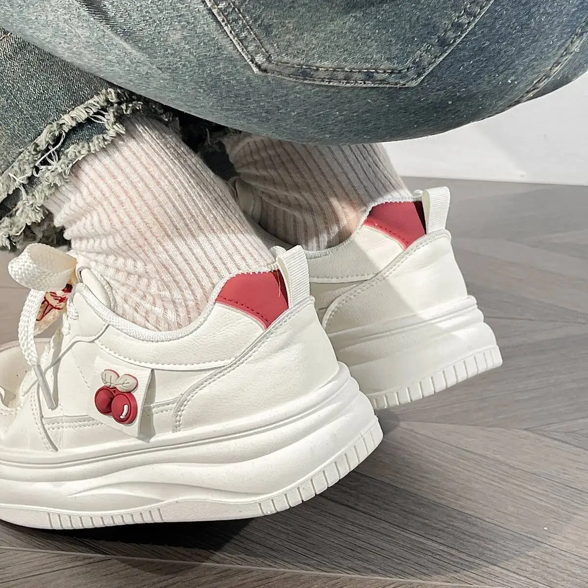 Women's Cute Cherry Platform Casual Sneakers Soft Sole Height-Increasing Unique Design Student Versatile Shoes