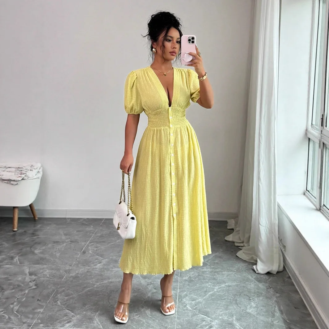 

Women's Solid Color Textured Midi Dress Deep V-Neck Puff Sleeve Button Dress Stylish Elegant Casual Summer Outfit For Daily Wear