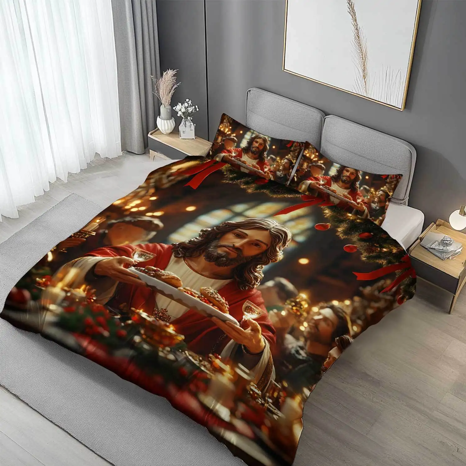 Latacaca 3pcs Merry Christmas Jesus Feast Duvet Cover Set Bedding Set Bed Cover Set (1 Duvet Cover & 2 Pillowcases),