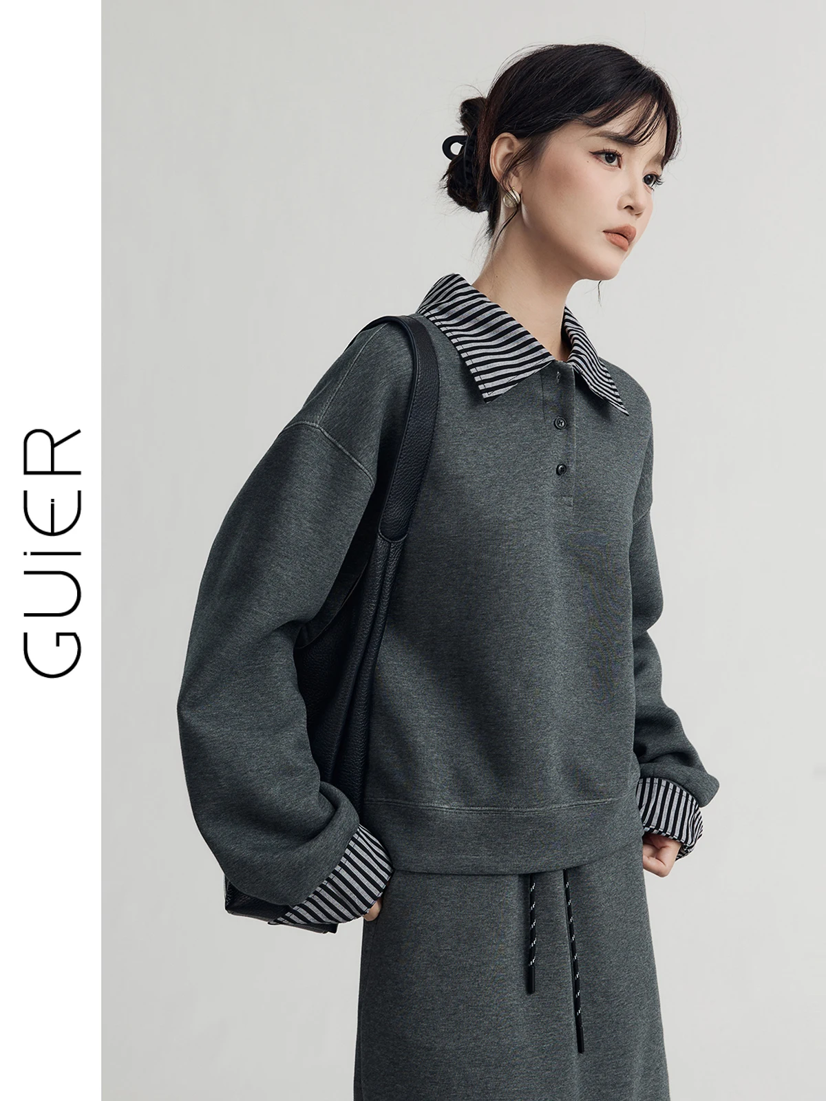 

Comfortable Fujian Cotton Lotus Silk Loose Women's Sweatirt Collar Fake Two-Piece Spring Autumn Long Sve Casual Top