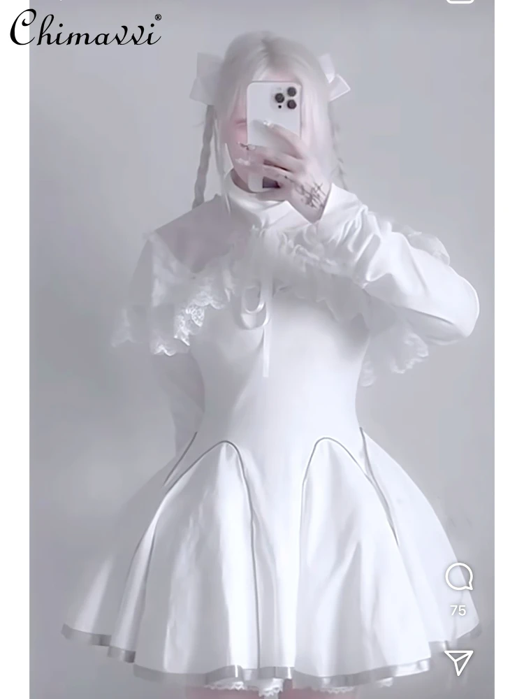 

Japanese Mechanical Ballet Style Small Turtleneck Crisp Reflective Pleated Long-sleeved Dress High Waist Cape Women's Dress