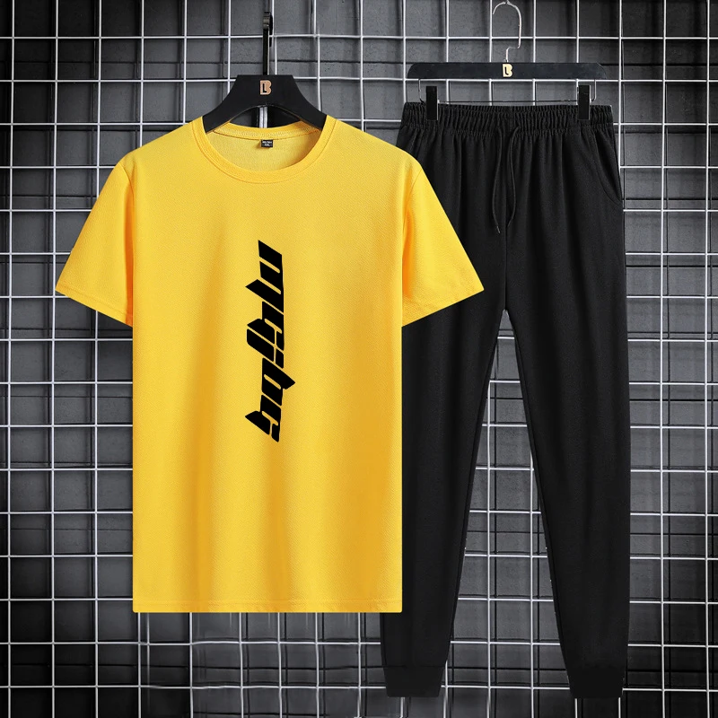 Summer new men\'s round neck quick drying casual sports and fitness breathable short sleeved+long pants set, two-piece set