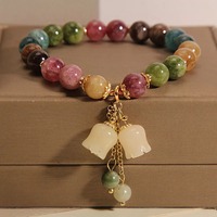 Exquisite Natural Stone Bracelet Elegant Lily of The Valley Flower Pendant Elastic Beaded Bracelets for Women Party Jewelry Gift