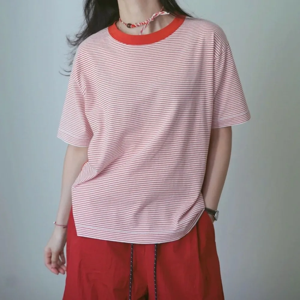 Loose-fitting Round Neck Bamboo-knit Short-sleeved Top for Women